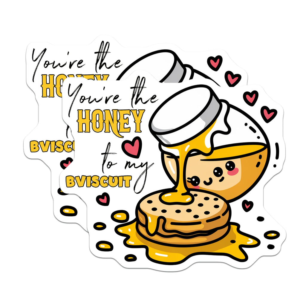 (2 Pack) Honey to My Biscuit Stickers - Cute Food Pun Decal - Kawaii Sweet Dessert - 5" On Longest Side - Sticks to Smooth Flat Surfaces - Made in USA - BMCS8885