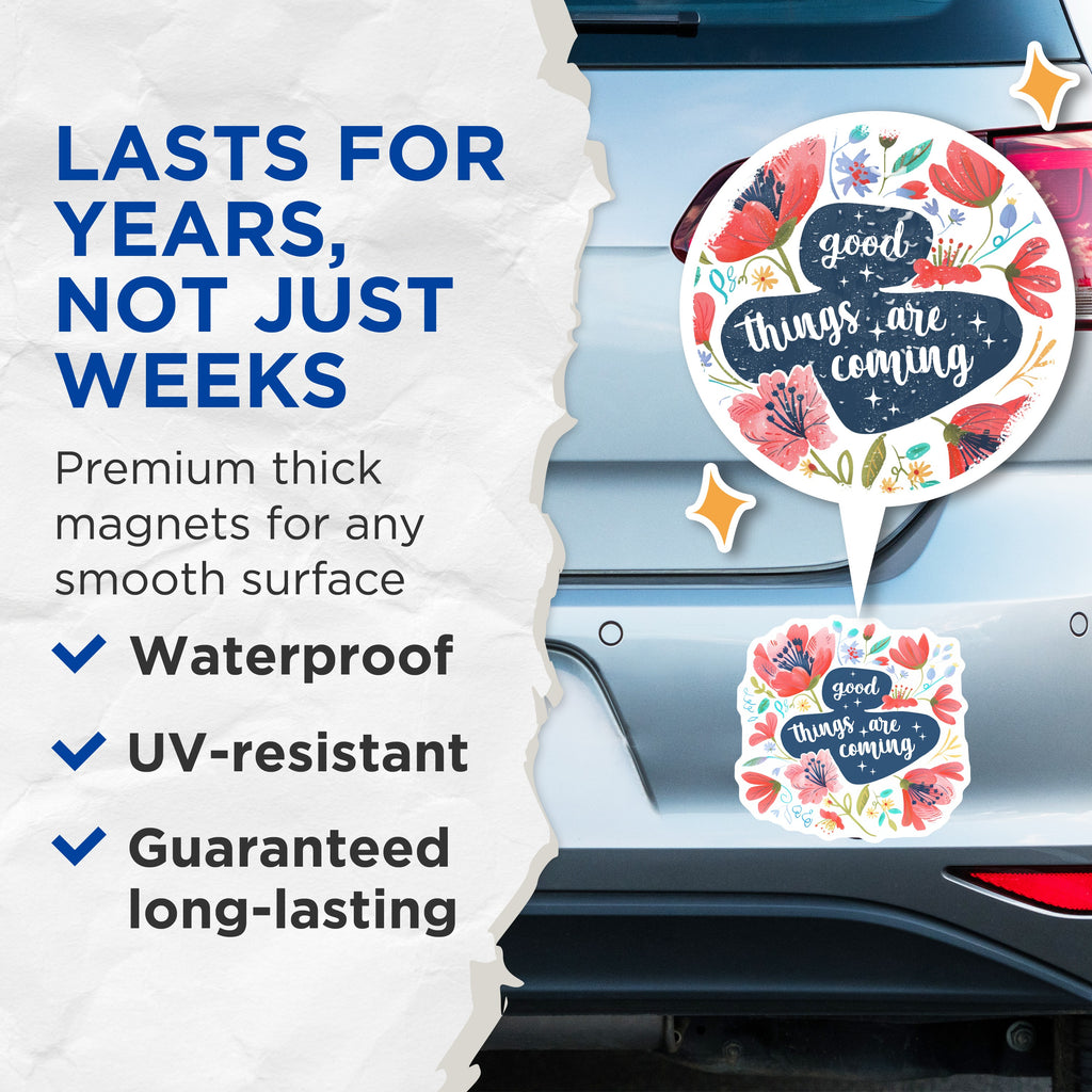 (2 Pack) Good Things are Coming Magnets - Uplifting Floral Affirmation Art - Positive Reminder for Fridge Locker - 5 Inches On Longest Side - Thick Durable Magnet - Made in USA - MAG36014