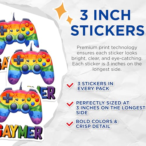 (3 Pack) Gaymer Decals - Rainbow Controller - LGBTQ Gamer Decal - 3 Inches On Longest Side - Easy Peel & Apply - Made in USA - 3MCS7040