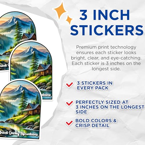 (3 Pack) Great Smoky Mountains Decals - Cabin Landscape Stickers - Laptop Decal - 3 Inches On Longest Side - Easy Peel & Apply - Made in USA - 3MCS0406