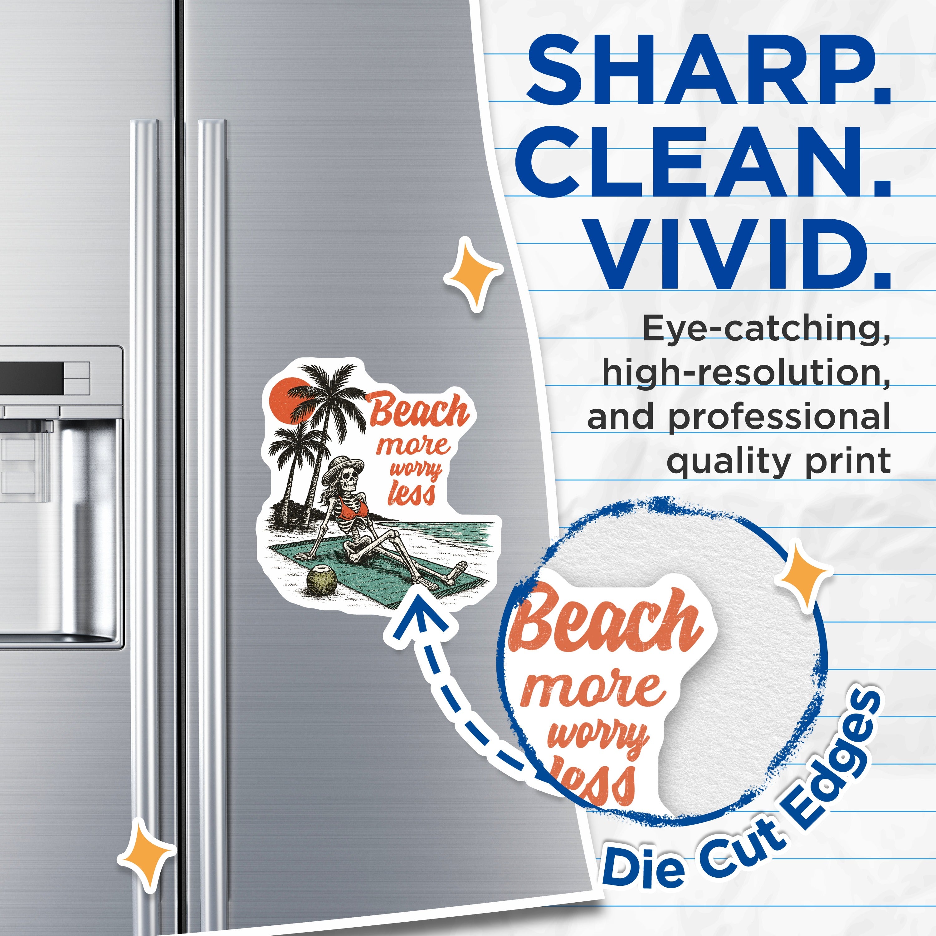 (2 Pack) Beach Skeleton Magnets - Relaxing Summer Vibe - Worry Less Quote - Tropical Skull Decor - 5 Inches On Longest Side - Thick Durable Magnet - Made in USA - MAG37862