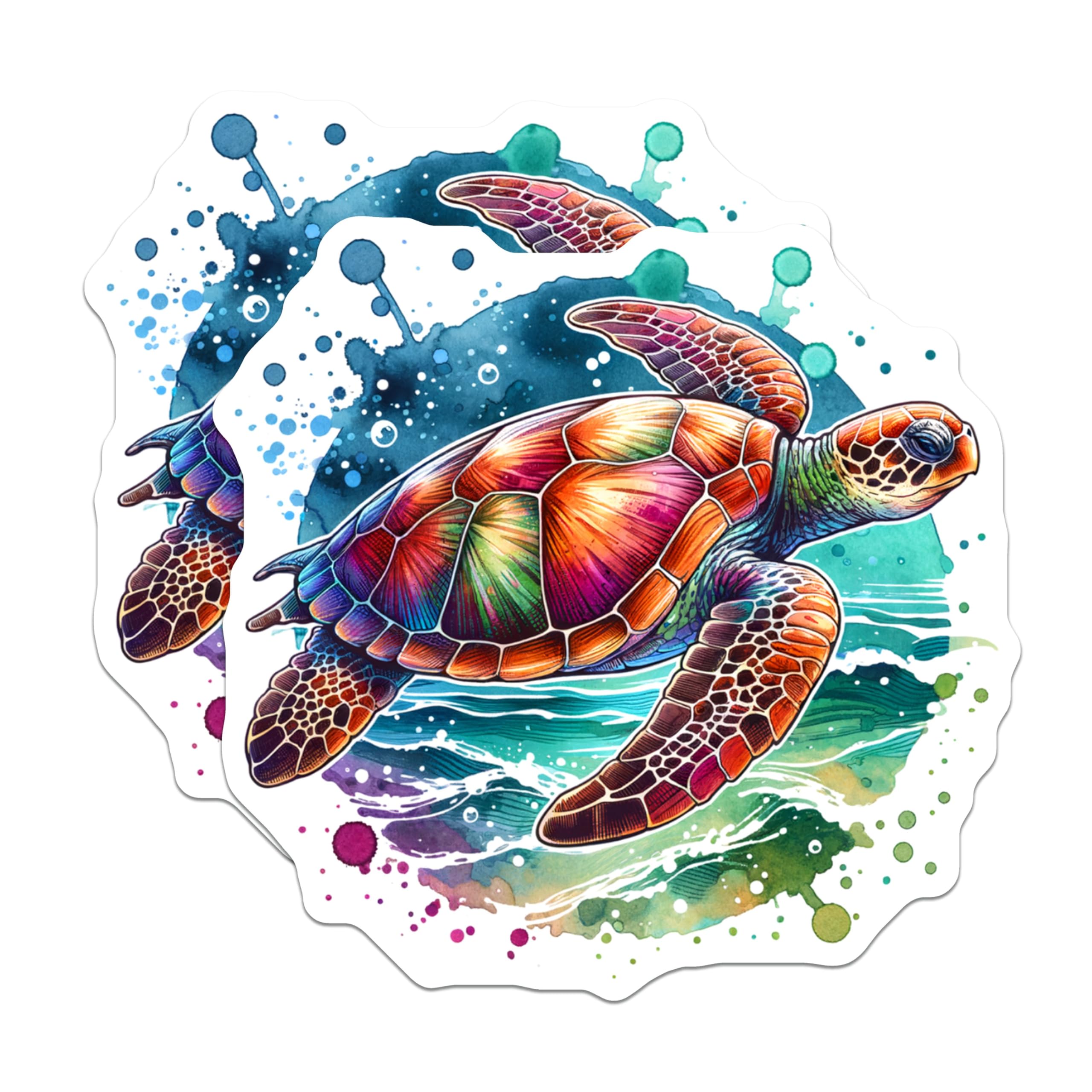 (2 Pack) Colorful Sea Turtle Stickers - Ocean Animal Art - Vibrant Marine Life - 5" On Longest Side - Sticks to Smooth Flat Surfaces - Made in USA - BMCS9208
