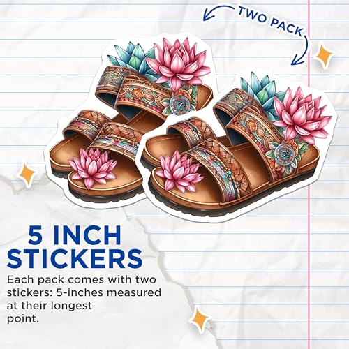 (2 Pack) Floral Sandals Stickers - Colorful Boho Footwear Art - Beach Vacation Decor - 5" On Longest Side - Sticks to Smooth Flat Surfaces - Made in USA - BMCS8856 - Summer Vibes Sticker Pack