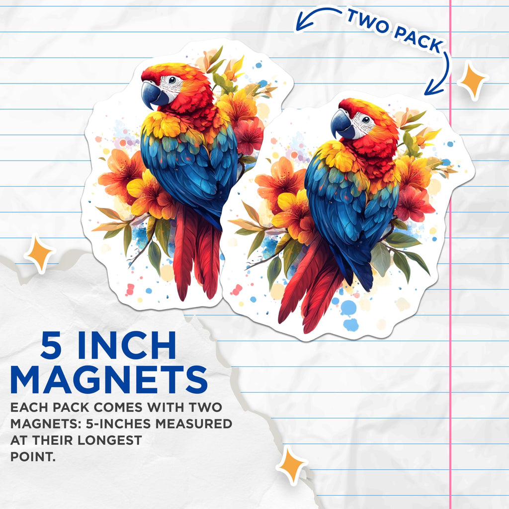 (2 Pack) Tropical Macaw Parrot Magnets - Exotic Bird Art - Vibrant Floral Decor Magnets - 5 Inches On Longest Side - Thick Durable Magnet - Made in USA - MAG30095