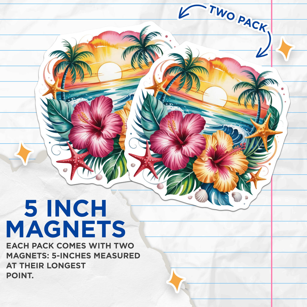 (2 Pack) Tropical Sunset Magnets - Beach Ocean Decor - Hawaiian Hibiscus Floral Palm Trees - Summer Vacation Vibes - 5 Inches On Longest Side - Thick Durable Magnet - Made in USA - MAG38461
