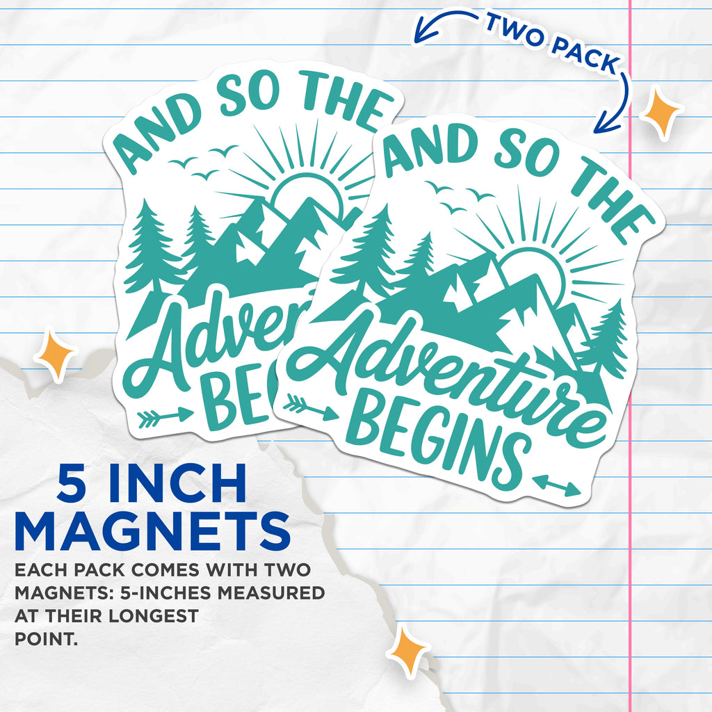 (2 Pack) Adventure Begins Magnets - Mountain Nature Decor - Wanderlust Explorer Quote - 5 Inches On Longest Side - Thick Durable Magnet - Made in USA - MAG39754