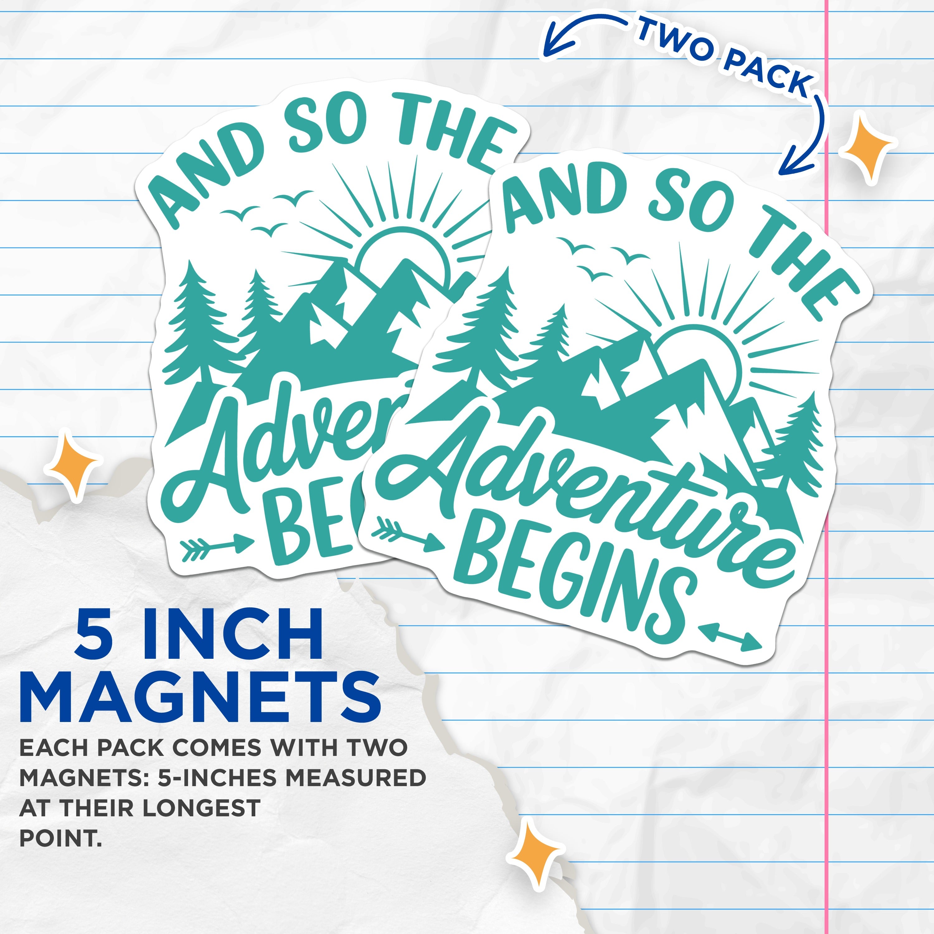 (2 Pack) Adventure Begins Magnets - Mountain Nature Decor - Wanderlust Explorer Quote - 5 Inches On Longest Side - Thick Durable Magnet - Made in USA - MAG39754
