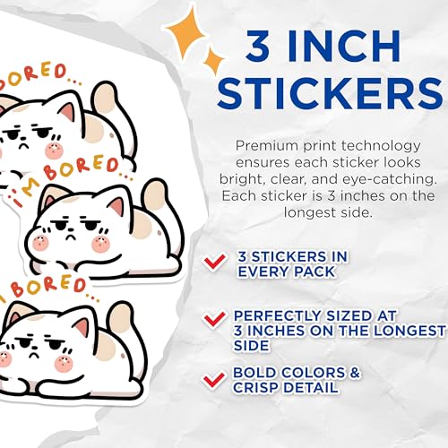 (3 Pack) Bored Cat Decals - Grumpy Kitten - Laptop Stickers - 3 Inches On Longest Side - Easy Peel & Apply - Made in USA - 3MCS6110