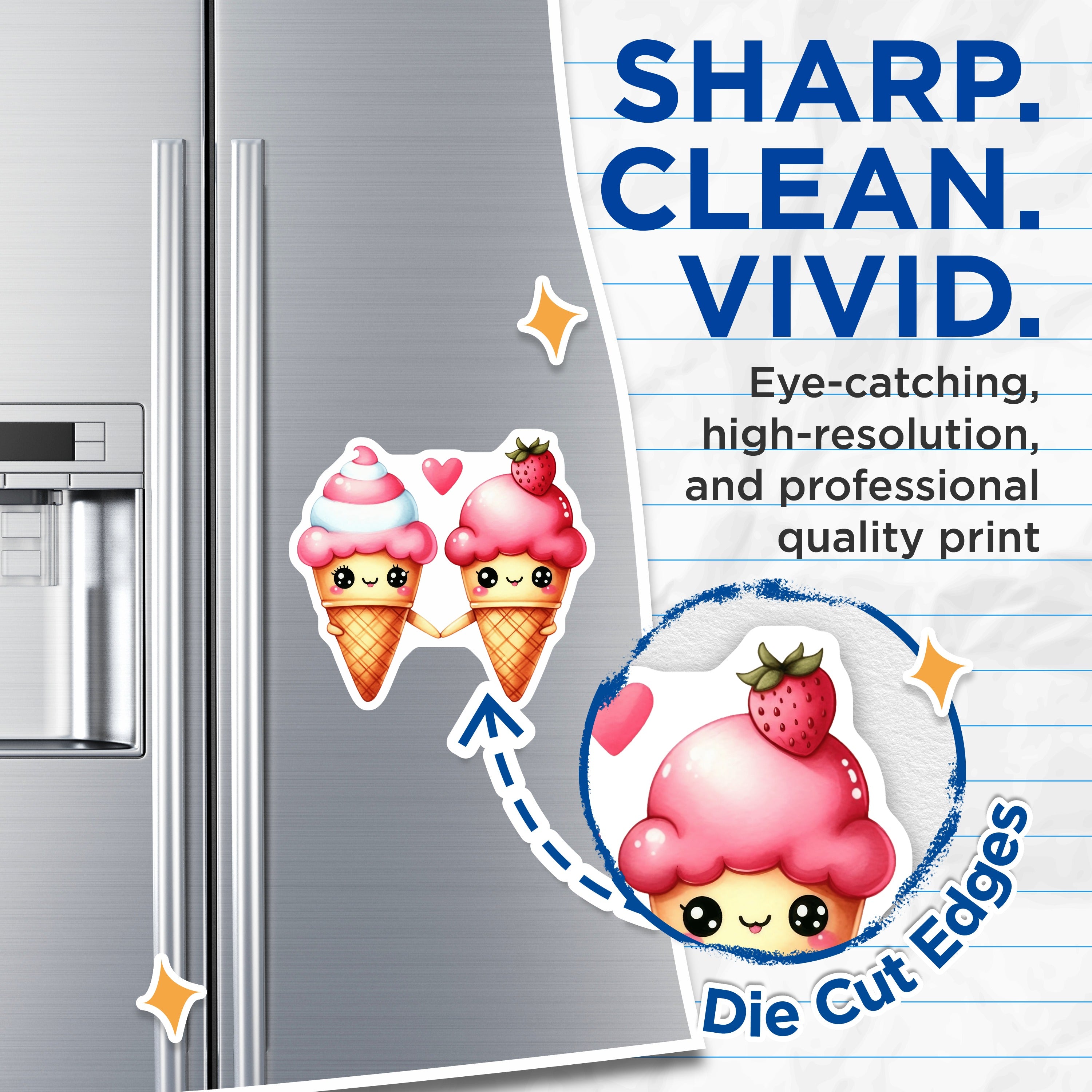(2 Pack) Kawaii Ice Cream Magnets - Sweet Treat Decor - Cute Couple Refrigerator Art - 5 Inches On Longest Side - Thick Durable Magnet - Made in USA - MAG37880
