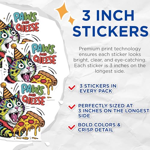 (3 Pack) Funny Cat Decals - Pizza Lover Decal - Laptop Decals for Cat Party - 3 Inches On Longest Side - Easy Peel & Apply - Made in USA - 3MCS7812