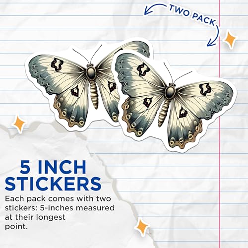 (2 Pack) Butterfly Illustration Stickers - Vintage Butterfly Stickers - Elegant Art Stickers - 5" On Longest Side - Sticks to Any Smooth Flat Surface - Made in USA - BMCS3390