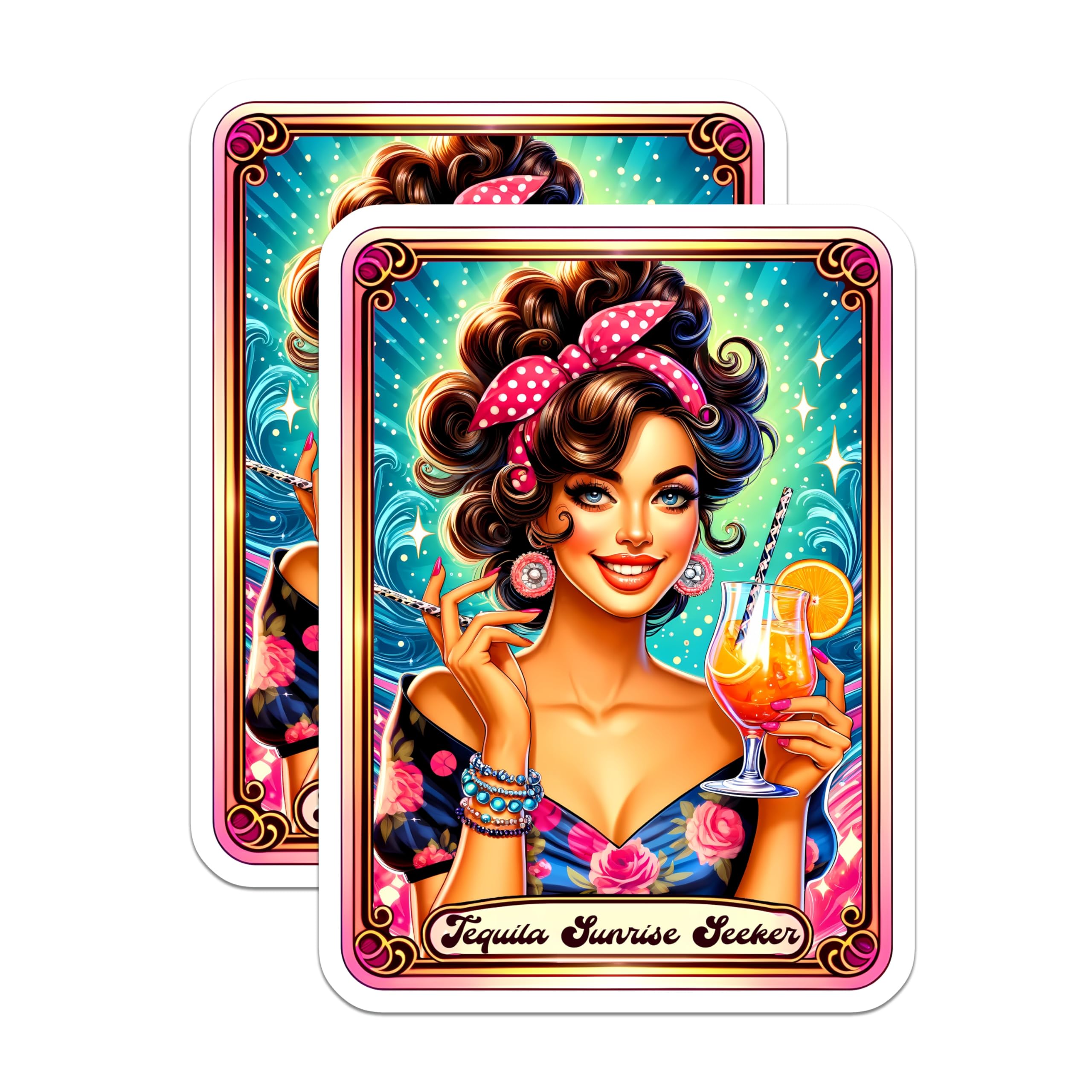 (2 Pack) Tequila Sunrise Magnets - Happy Hour Cocktail Lady - Retro Bar Kitchen Refrigerator Decor - Pin Up Style Drink Art - 5 Inches On Longest Side - Thick Durable Magnet - Made in USA - MAG20305