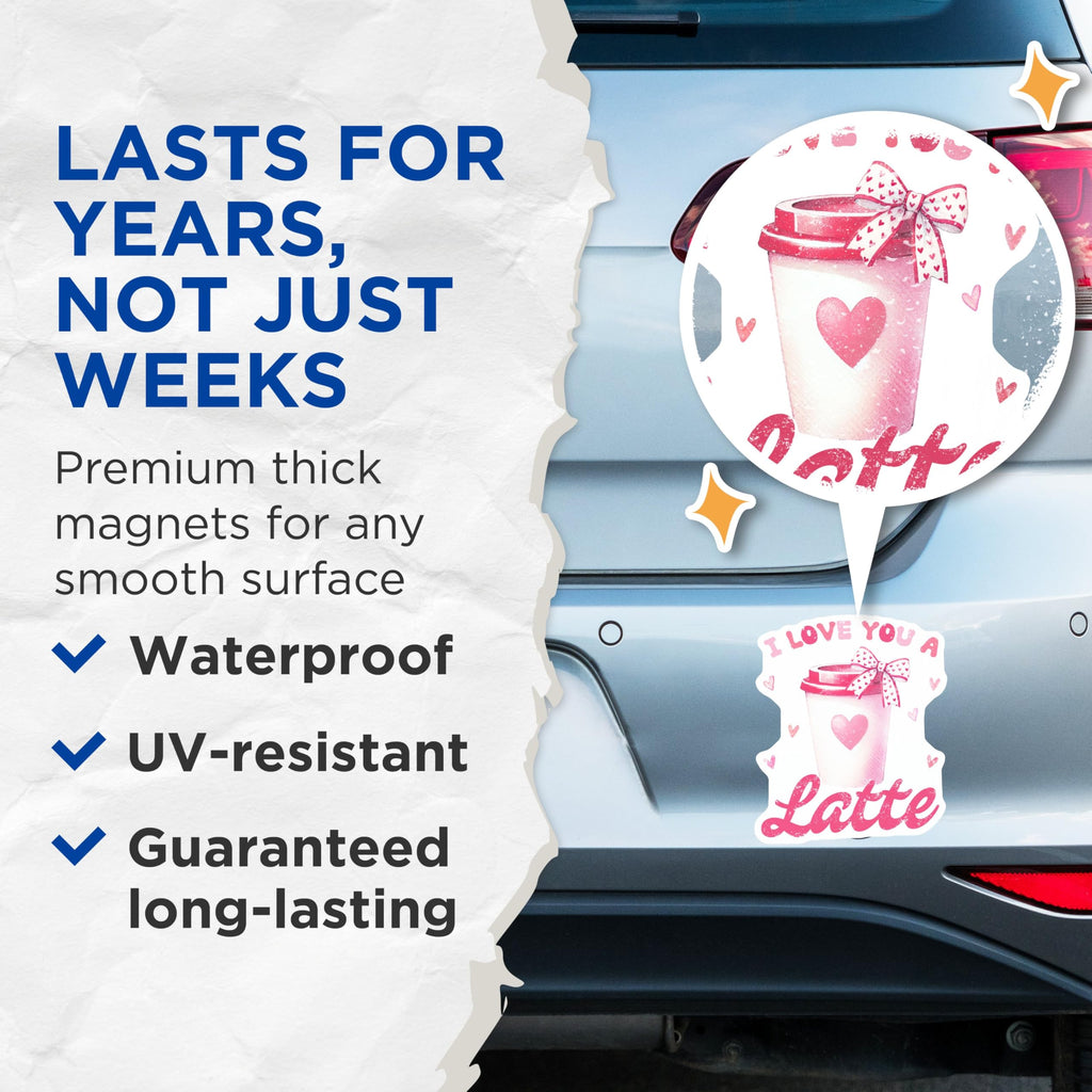(2 Pack) I Love You a Latte Magnets - Cute Coffee Cup Magnets - Romantic Love Coffee Magnets - 5" On Longest Side - for Cars, Refrigerators, Toolboxes, Lockers - Made in USA BMCS3498