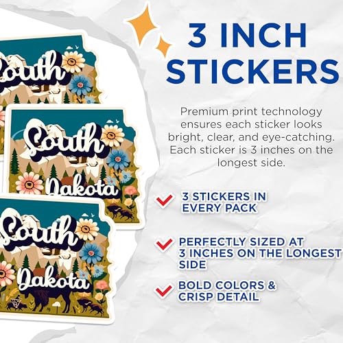 (3 Pack) South Dakota Decals - State Pride Stickers - Laptop Decal - 3 Inches On Longest Side - Easy Peel & Apply - Made in USA - 3MCS0163