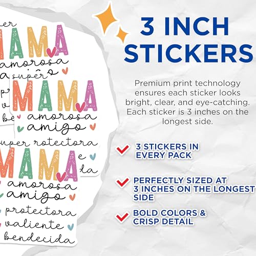 (3 Pack) Super Mama Decals - Spanish Mom Decal - Mother's Day Laptop Decals - 3 Inches On Longest Side - Easy Peel & Apply - Made in USA - 3MCS1890
