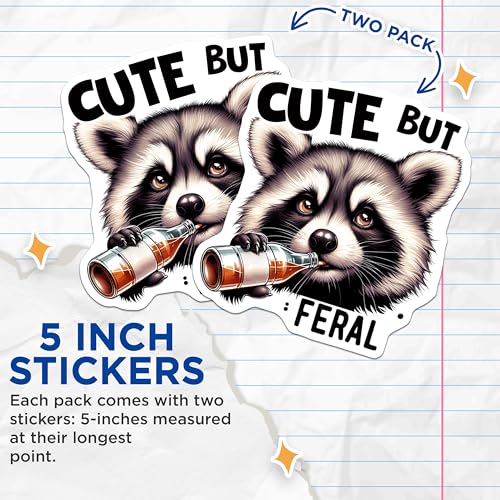 (2 Pack) Cute But Feral Stickers - Funny Animal Stickers - Raccoon Drinking Sticker Set - 5" On Longest Side - Sticks to Smooth Flat Surfaces - Made in USA - BMCS4575