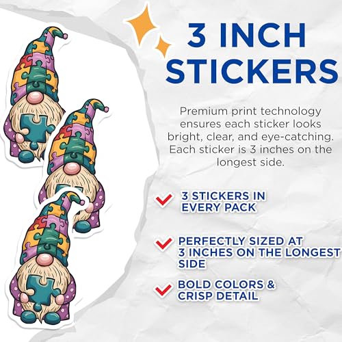 (3 Pack) Autism Awareness Gnome Decals - Puzzle Piece Gnome - Neurodiversity Decal - 3 Inches On Longest Side - Easy Peel & Apply - Made in USA - 3MCS8608