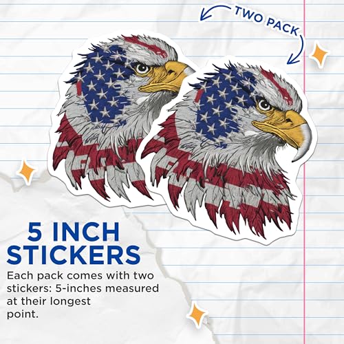 (2 Pack) American Bald Eagle Stickers - Patriotic Eagle Art - USA Flag Eagle Design - 5" On Longest Side - Sticks to Smooth Flat Surfaces - Made in USA - BMCS6405