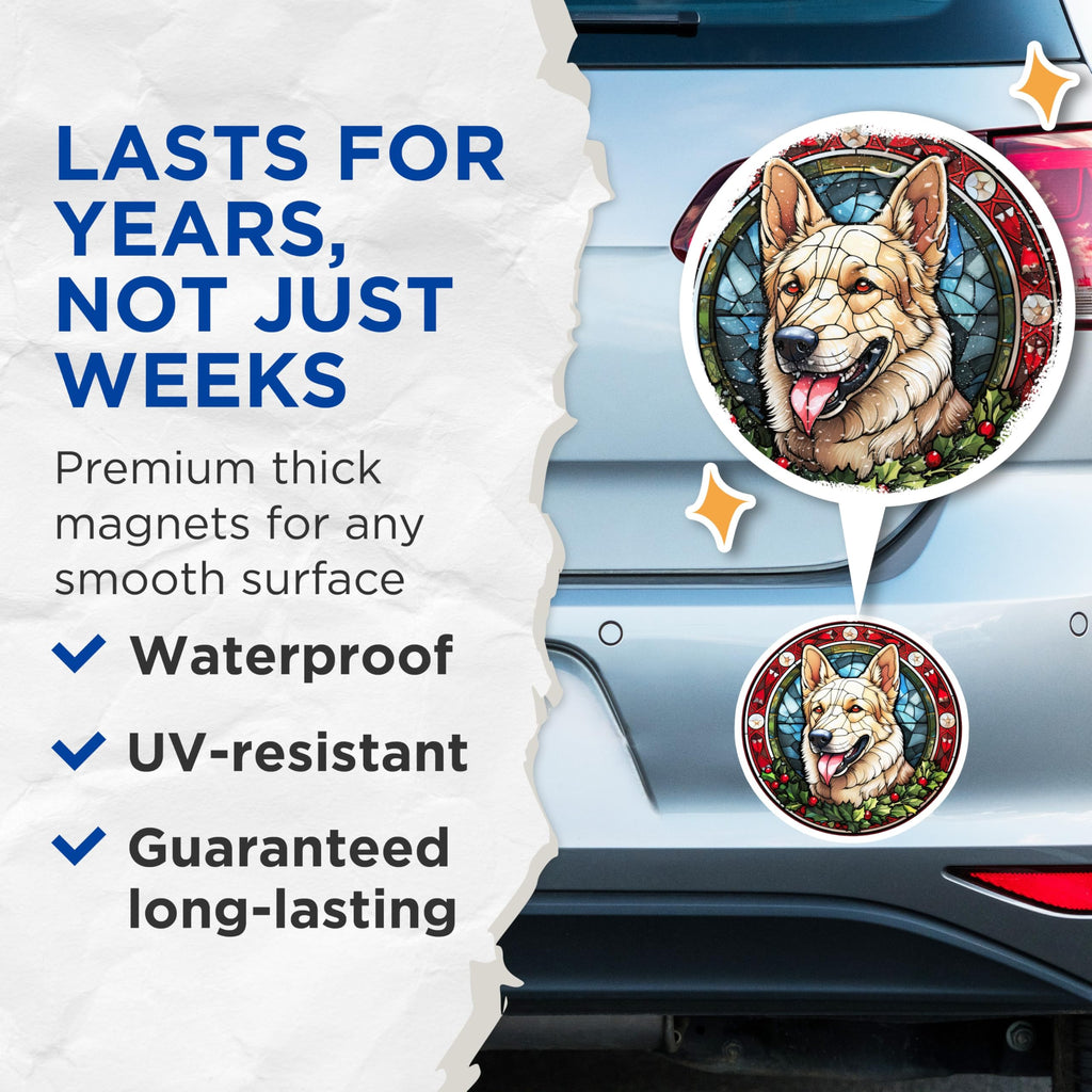(2 Pack) German Shepherd Magnets - Stained Glass Dog - Christmas Pet Decor - Holiday Fridge Decoration - 5 Inches On Longest Side - Thick Durable Magnet - Made in USA - MAG29936