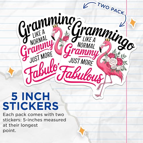(2 Pack) Flamingo Grandma Stickers - Funny Grandma Stickers - Pink Flamingo with Flowers Stickers - 5" On Longest Side - Sticks to Smooth Flat Surfaces - Made in USA - BMCS5056