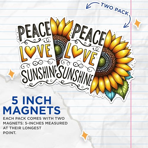 (2 Pack) Peace Love Sunshine Magnets - Sunflower Art Magnets - Inspirational Quote Magnets for Home Office- 5" On Longest Side - for Fridges, Toolboxes, Cars - Made in USA - MAG2905