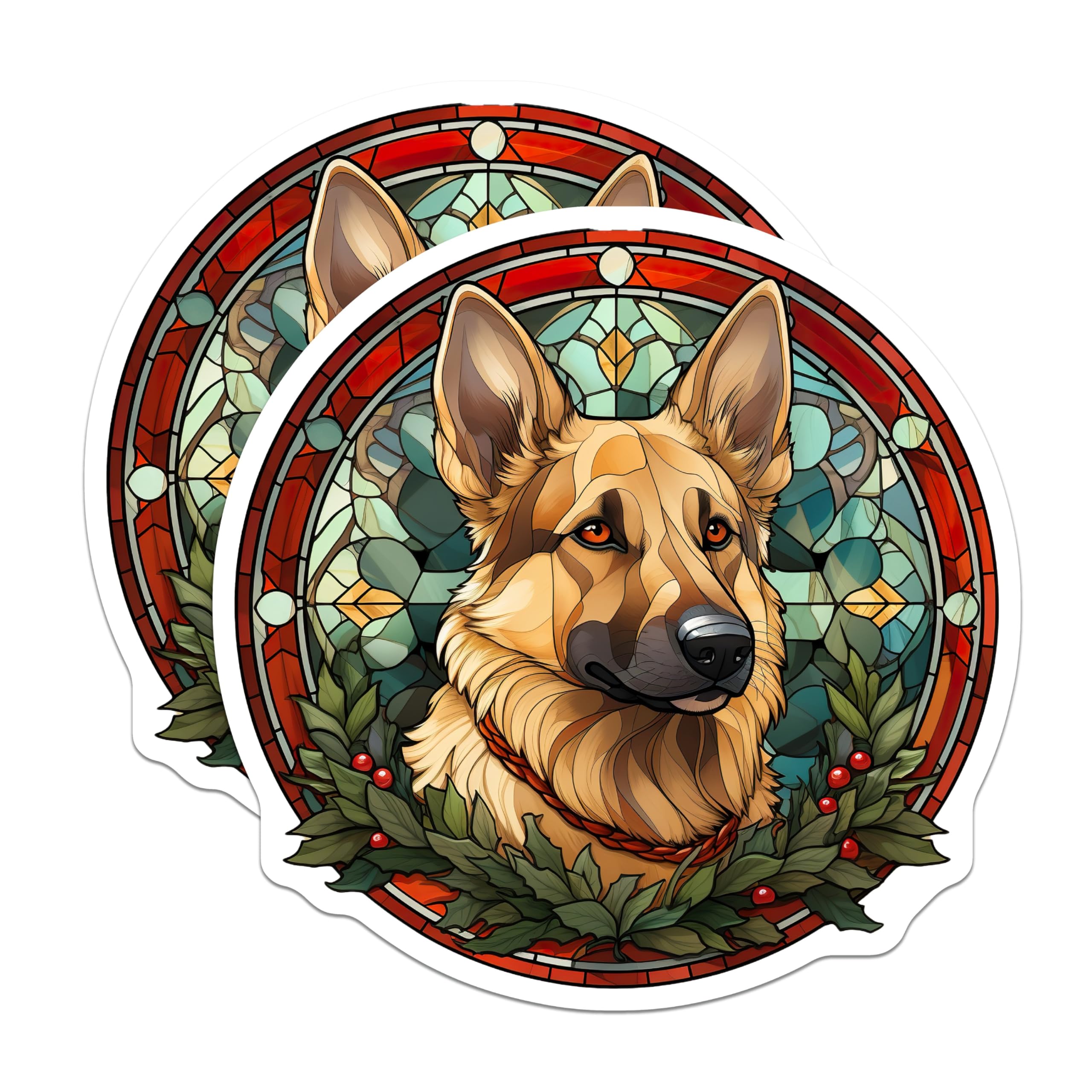 (2 Pack) German Shepherd Magnets - Stained Glass Dog - Christmas Holiday Decor - 5 Inches On Longest Side - Thick Durable Magnet - Made in USA - MAG28978