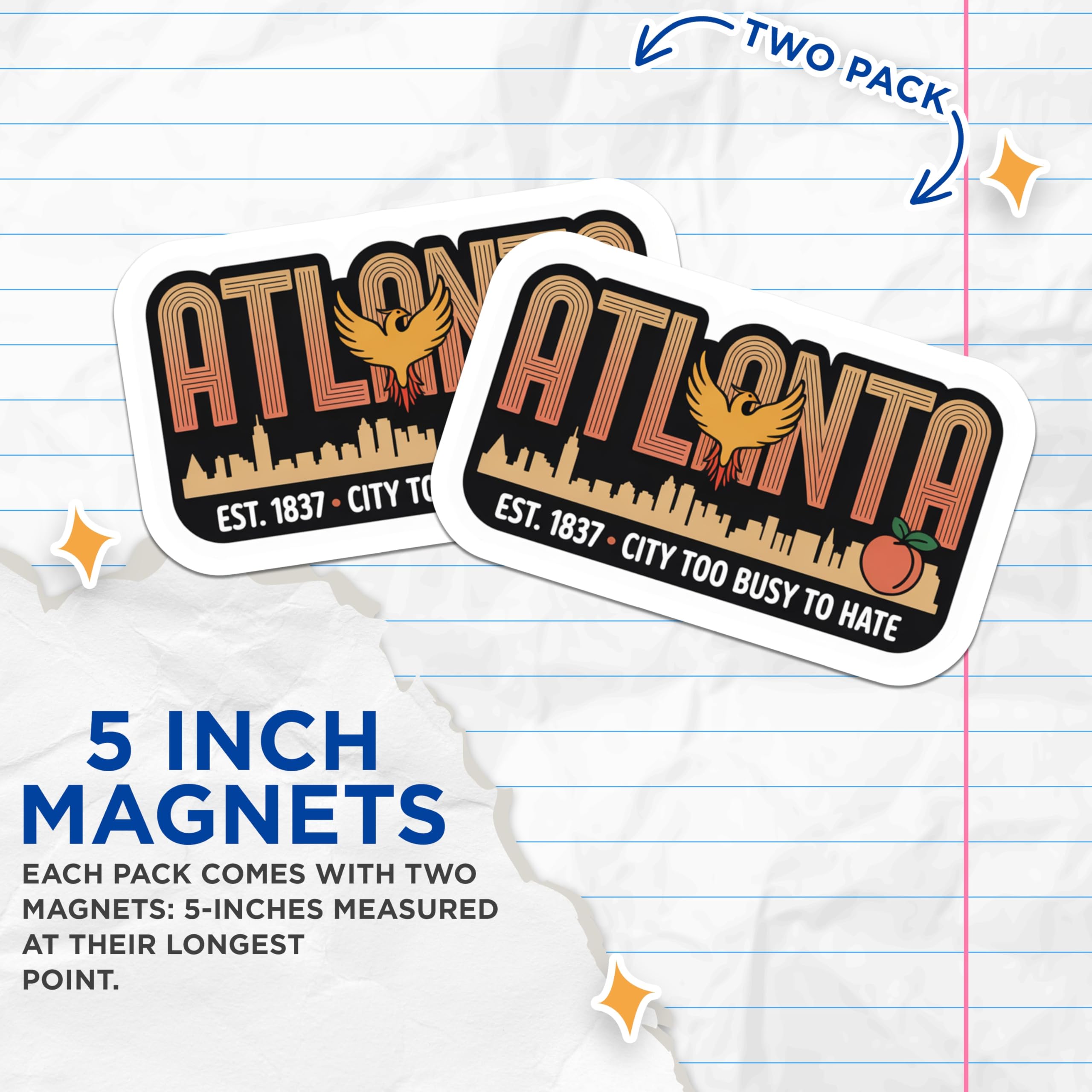 (2 Pack) Atlanta Magnets - Phoenix Skyline Peach - City Too Busy to Hate - Retro Georgia Decor - 5 Inches On Longest Side - Thick Durable Magnet - Made in USA - MAG19354