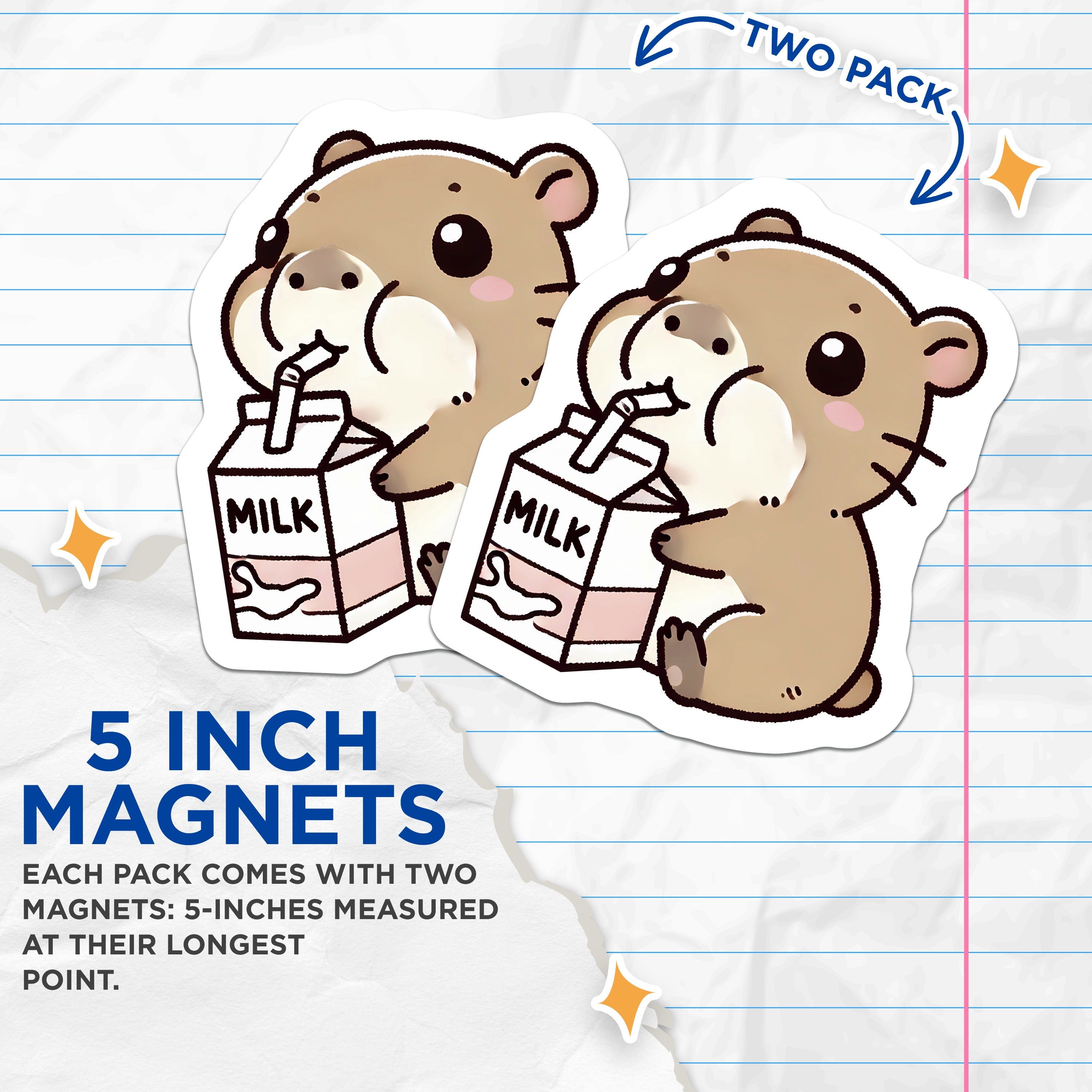 (2 Pack) Cute Hamster Drinking Milk Magnets - Kawaii Rodent Fridge Decor - Adorable Chibi Animal Locker Accessories - 5 Inches On Longest Side - Thick Durable Magnet - Made in USA - MAG37440