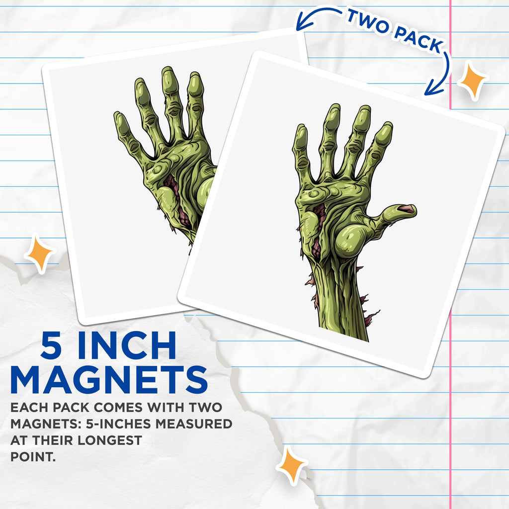 (2 Pack) Zombie Hand Magnets - Halloween Decor - Spooky Kitchen Art for Horror Fans - 5 Inches On Longest Side - Thick Durable Magnet - Made in USA - MAG38021