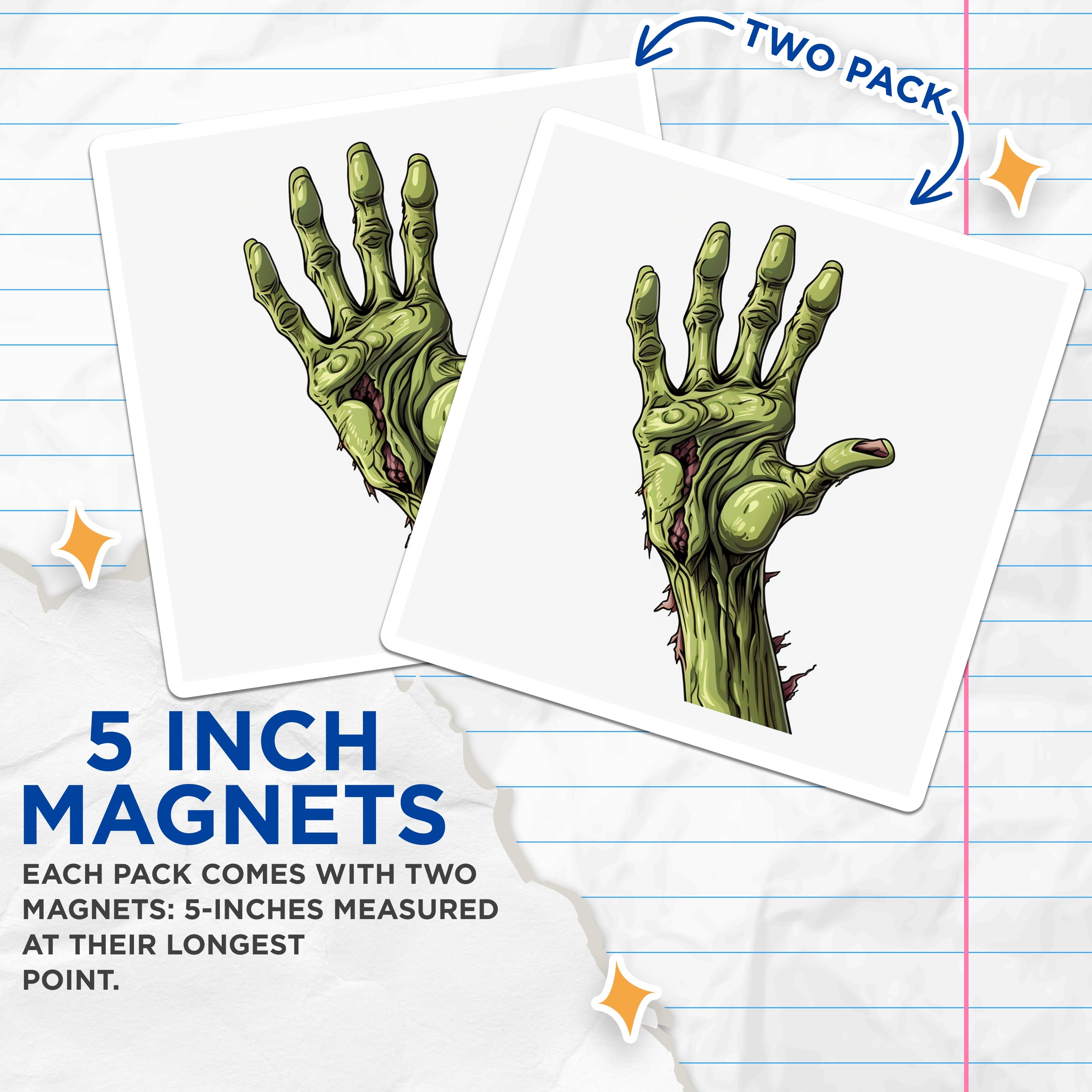 (2 Pack) Zombie Hand Magnets - Halloween Decor - Spooky Kitchen Art for Horror Fans - 5 Inches On Longest Side - Thick Durable Magnet - Made in USA - MAG38021