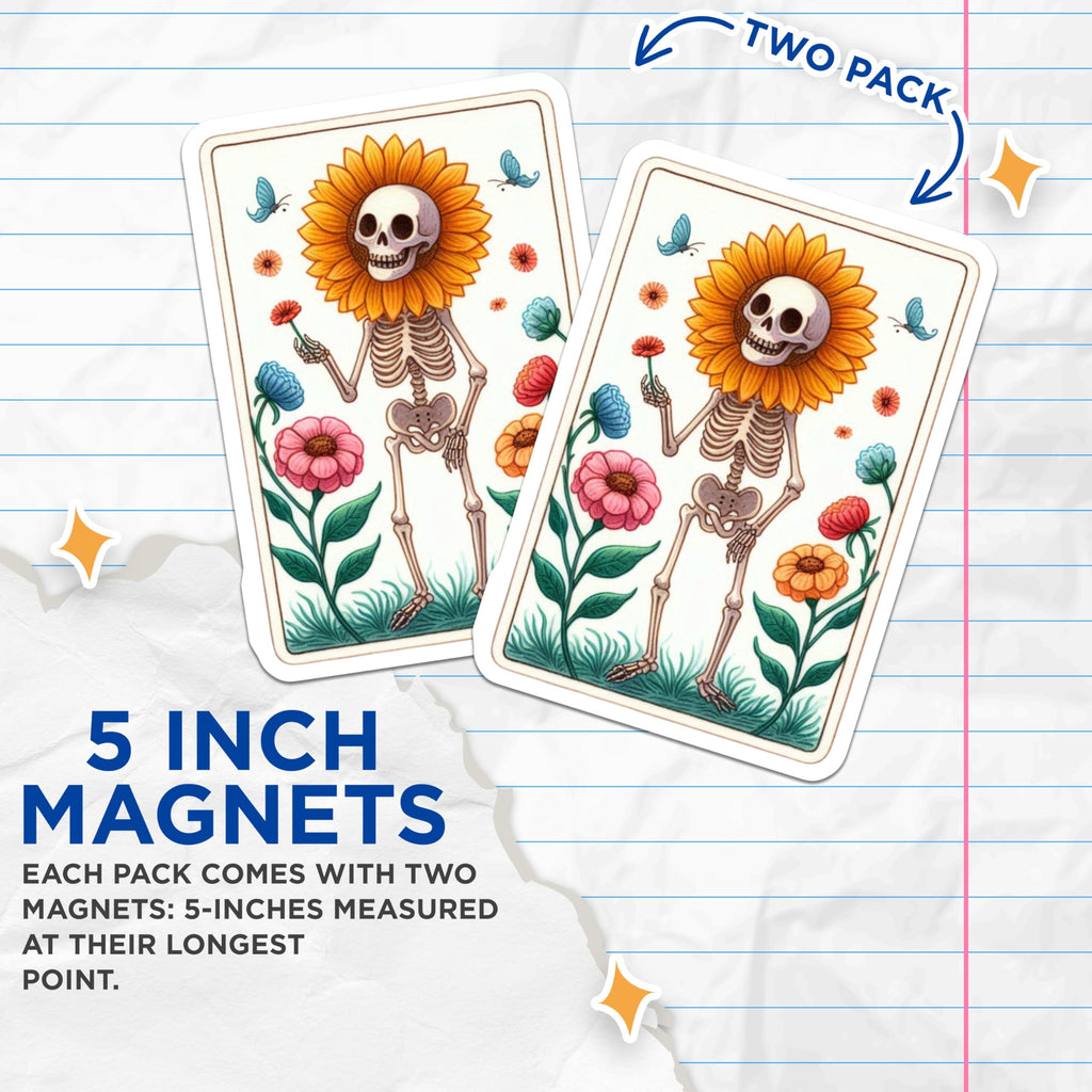 (2 Pack) Sunflower Skeleton Magnets - Floral Whimsical Decor - Unique Artistic Fridge Art - 5 Inches On Longest Side - Thick Durable Magnet - Made in USA - MAG22955