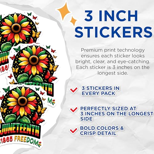 (3 Pack) Juneteenth Decals - Freedom Day Stickers - Black History Laptop Decal - 3 Inches On Longest Side - Easy Peel & Apply - Made in USA - 3MCS6136