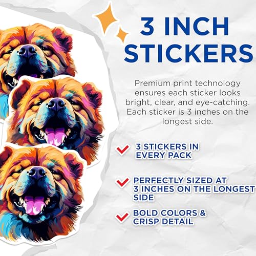 (3 Pack) Chow Chow Decals - Dog Breed Stickers - Laptop Decal - Colorful Dog Art - 3 Inches On Longest Side - Easy Peel & Apply - Made in USA - 3MCS0704