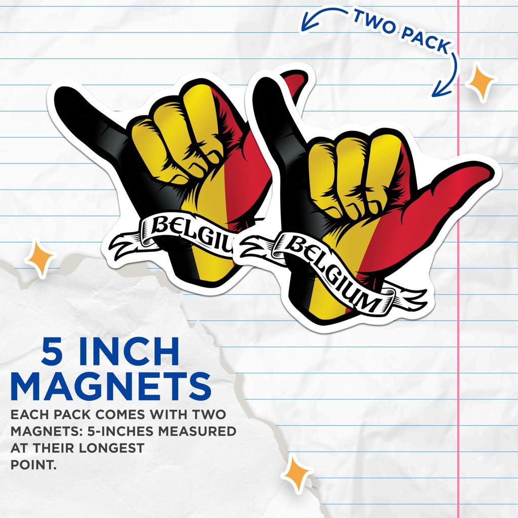 (2 Pack) Belgium Flag Hand Magnets - Shaka Sign - Souvenir Fridge Decor - 5" On Longest Side - Premium Magnet - for Cars, Refrigerators, Toolboxes, Lockers - Made in USA - MAG18844