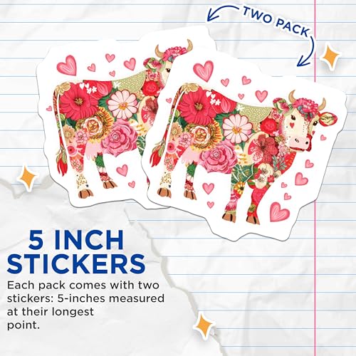 (2 Pack) Flower Cow Stickers - Floral Animal - 5" On Longest Side - Sticks to Smooth Flat Surfaces - Made in USA - BMCS5700