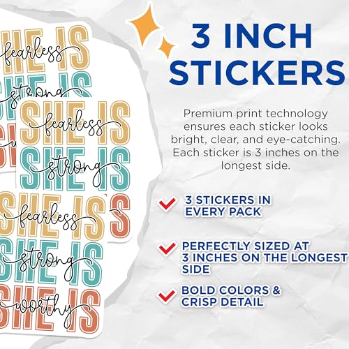 (3 Pack) She is Fearless Decals - Strong and Worthy Decals - Inspirational Decal - 3 Inches On Longest Side - Easy Peel & Apply - Made in USA - 3MCS1856