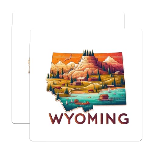 (2 Pack) Wyoming State Sticker - Travel Destination Stickers - Vintage Landscape Art Stickers - 5" On Longest Side - Sticks to Smooth Flat Surfaces - Made in USA - BMCS5568