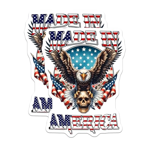(2 Pack) Made in America Stickers - Patriotic Eagle Skull - USA Flag Decal for Laptop or Car - 5" On Longest Side - Sticks to Smooth Flat Surfaces - Made in USA - BMCS7395