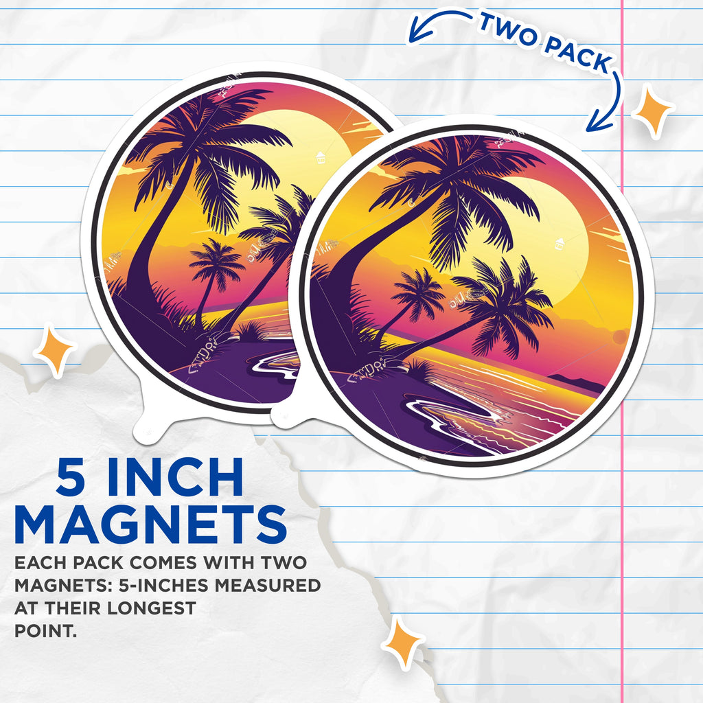(2 Pack) Tropical Sunset Magnets - Beach Palm Tree Ocean Decor - Retro Aesthetic Fridge Locker Accent - 5 Inches On Longest Side - Thick Durable Magnet - Made in USA - MAG38538