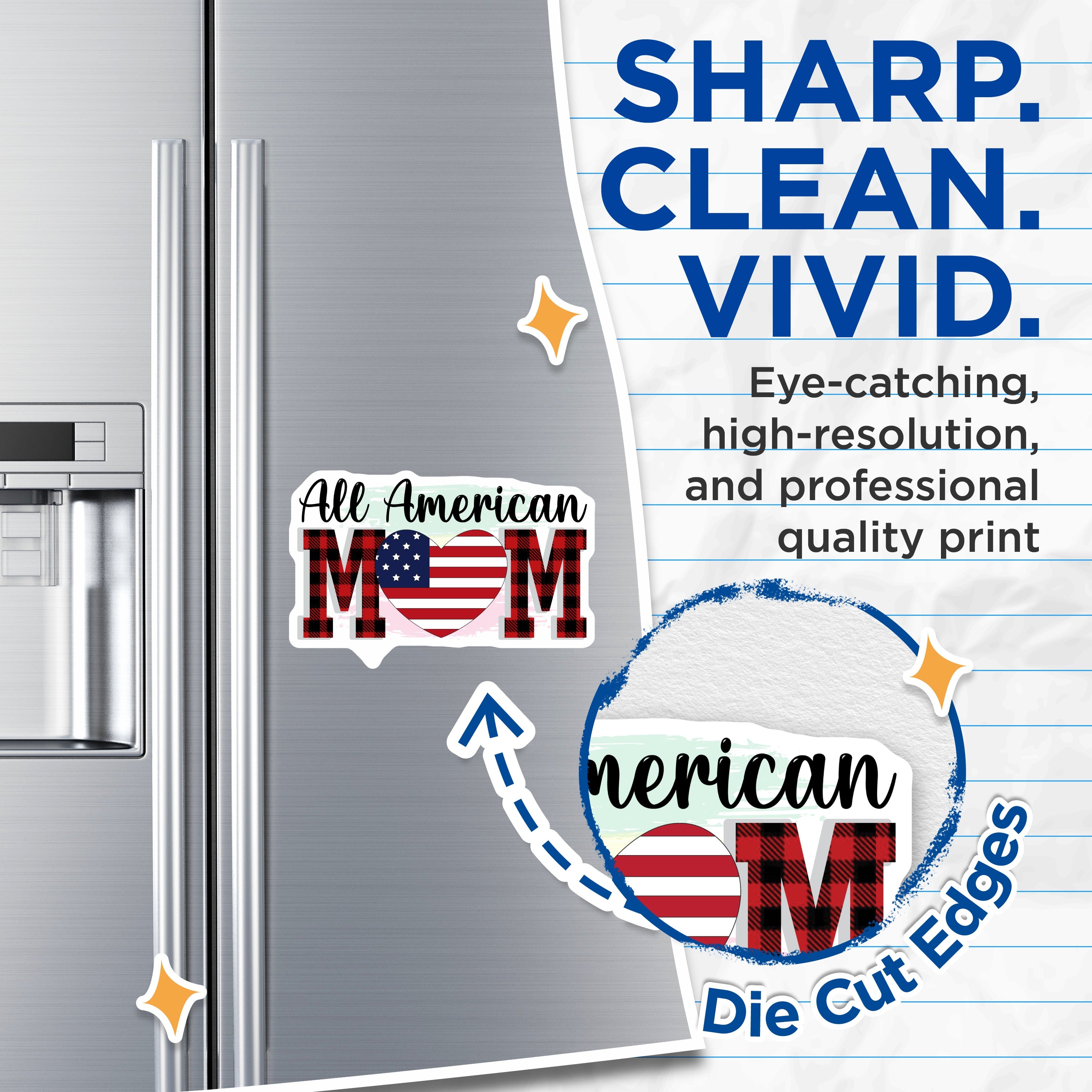 (2 Pack) All American Mom Refrigerator Magnets - Patriotic USA Flag Decor - Buffalo Plaid Heart - Mothers Day Home Kitchen - 5 Inches On Longest Side - Thick Durable Magnet - Made in USA - MAG39067