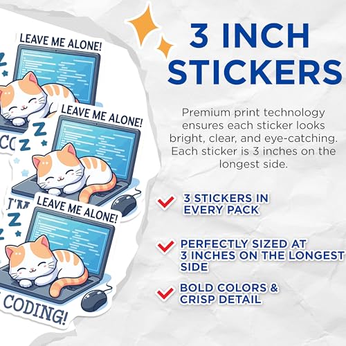 (3 Pack) Coding Cat Decals - Laptop Decal - Programmer Decal - 3 Inches On Longest Side - Easy Peel & Apply - Made in USA - 3MCS4851