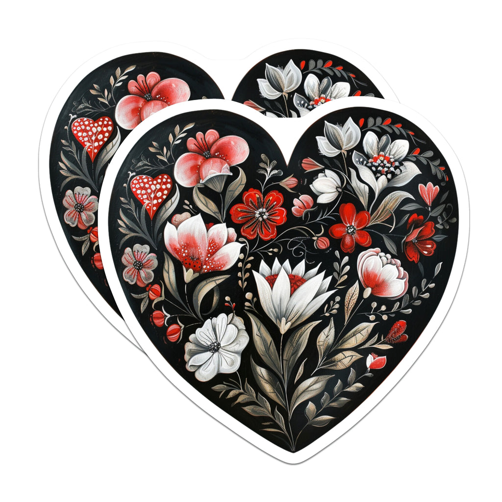 (2 Pack) Floral Heart Magnets - Folk Art Refrigerator Decor - Romantic Kitchen Accessories - 5 Inches On Longest Side - Thick Durable Magnet - Made in USA - MAG38928