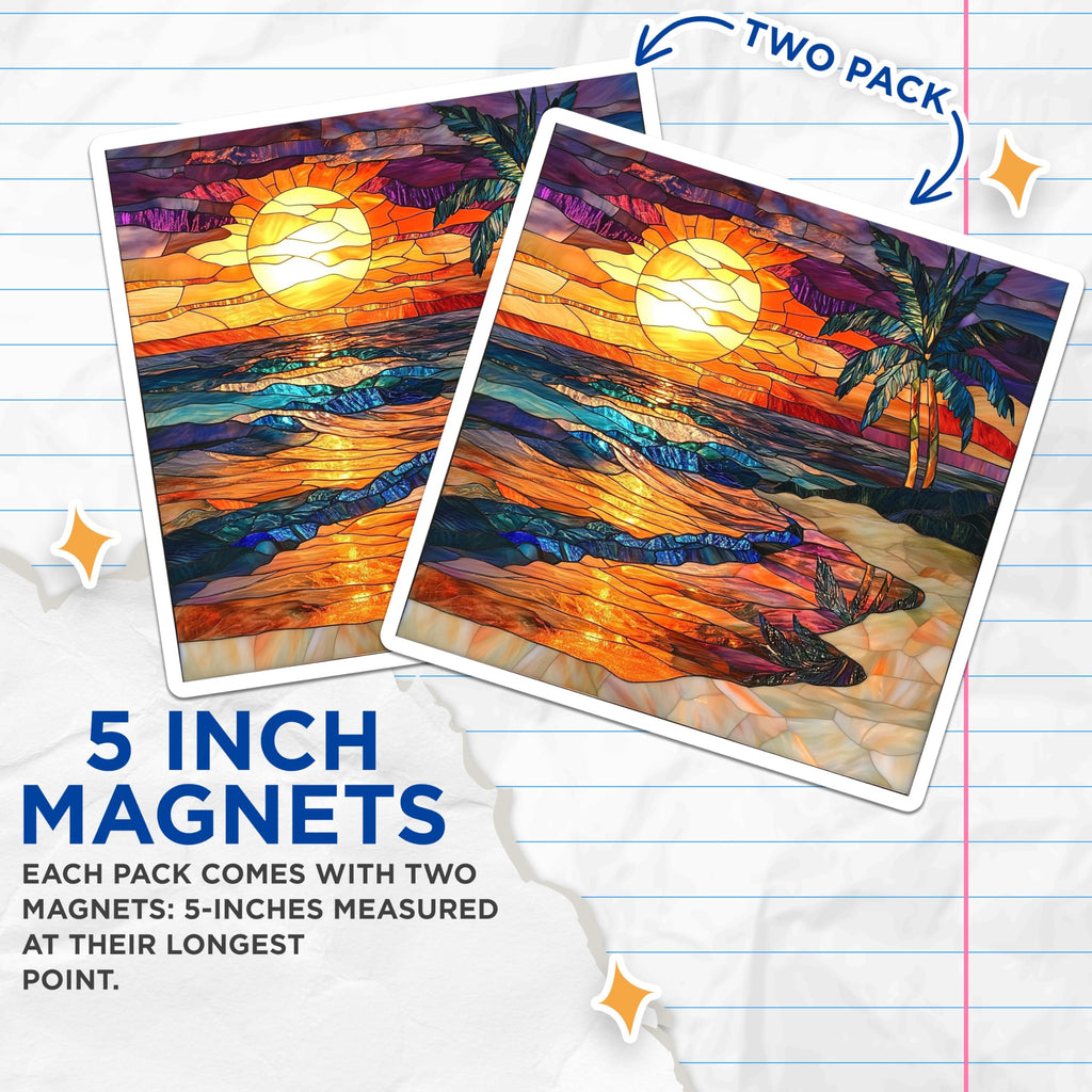 (2 Pack) Stained Glass Sunset Magnets - Tropical Beach Palm - Coastal Decor Home Accent - 5 Inches On Longest Side - Thick Durable Magnet - Made in USA - MAG29343