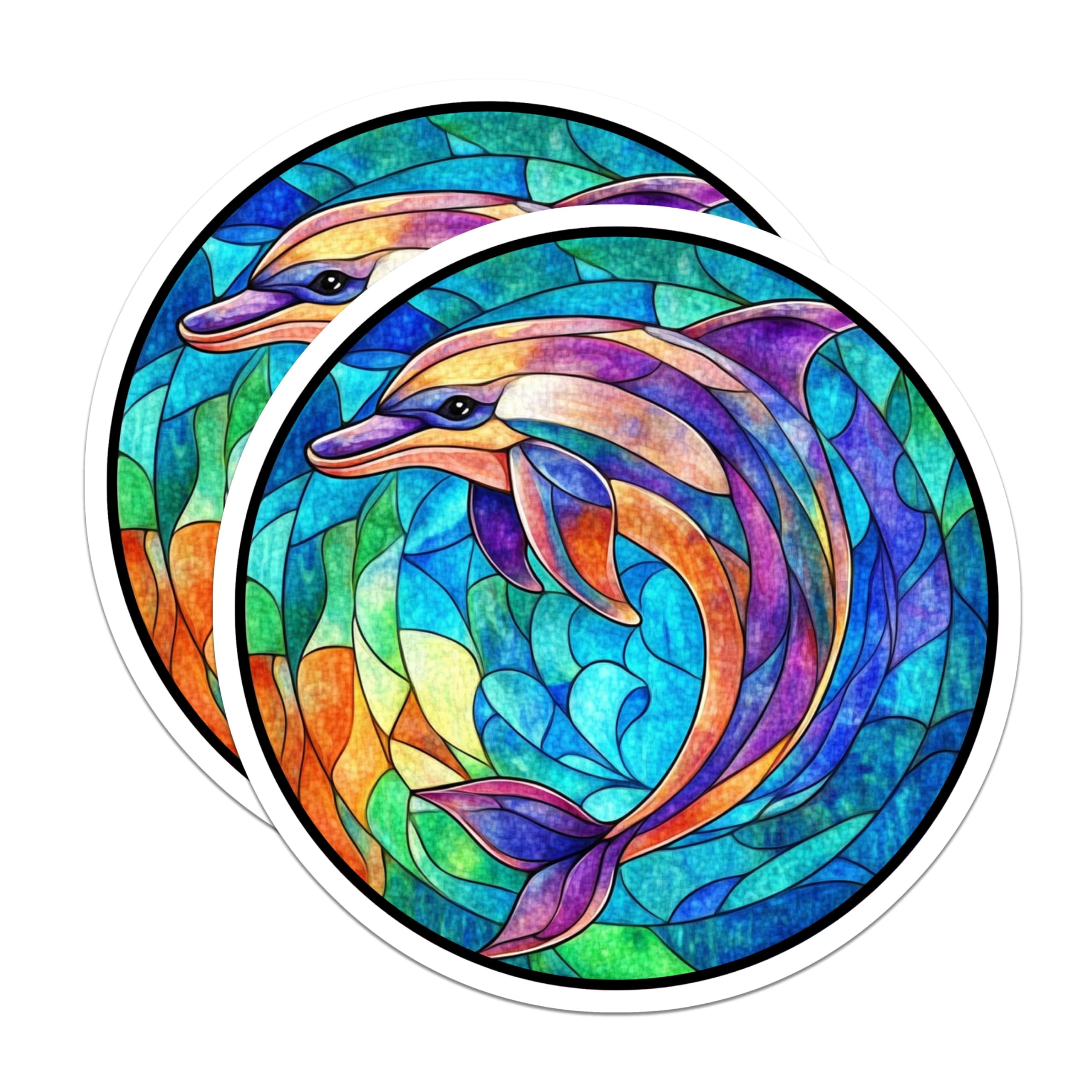 (2 Pack) Stained Glass Dolphin Magnets - Colorful Ocean Animal Decor - Mosaic Art Sea Life Accent - 5 Inches On Longest Side - Thick Durable Magnet - Made in USA - MAG26019