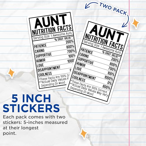 (2 Pack) Aunt Nutrition Facts Stickers - Funny Aunt Appreciation Stickers - Best Aunt Ever Sticker Decal - 5" On Longest Side - Sticks to Smooth Flat Surfaces - Made in USA - BMCS3813