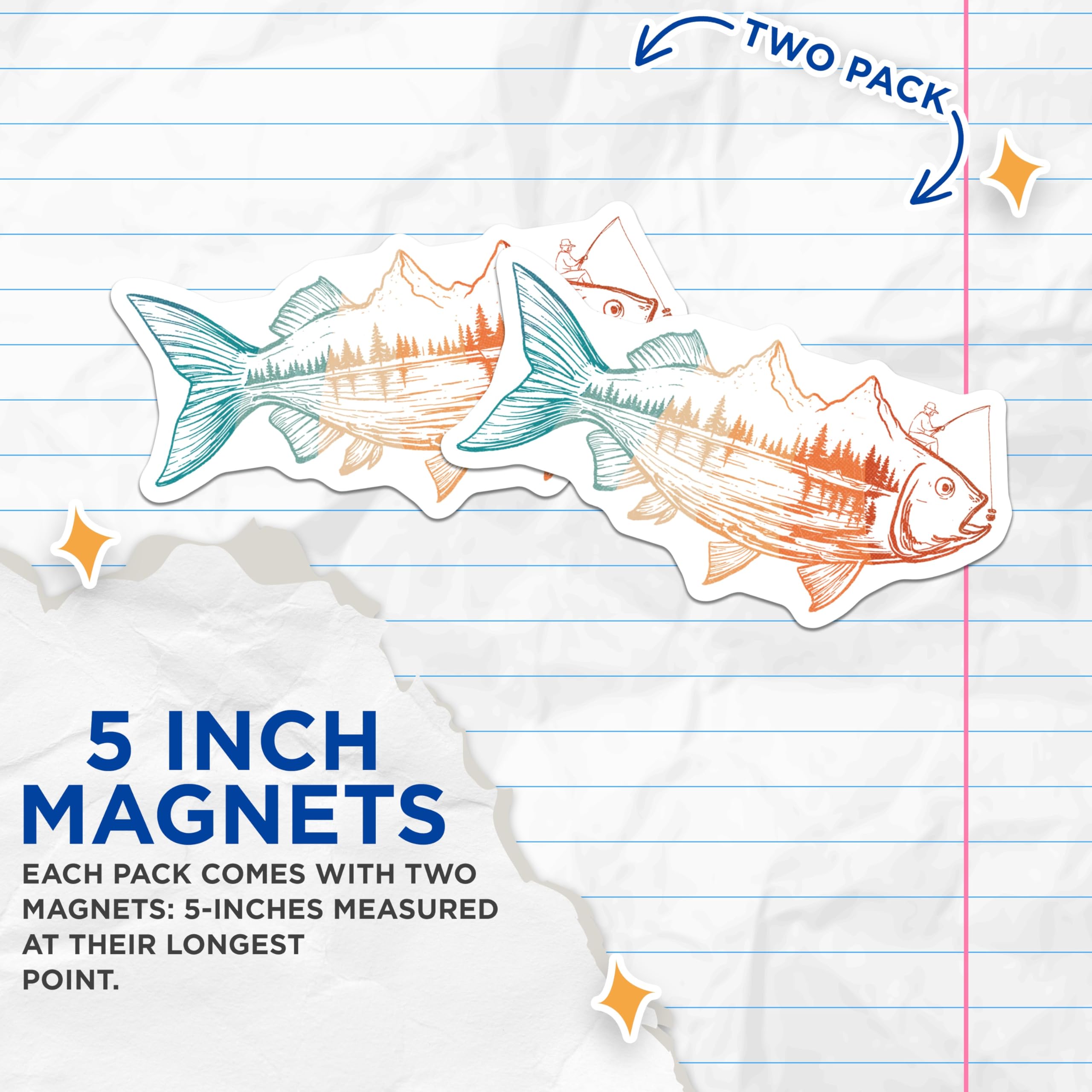 (2 Pack) Fish Magnets - Fisherman on Fish - Outdoor Decor - Cabin Lake Artwork - 5" On Longest Side - Premium Magnet - for Cars, Refrigerators, Toolboxes, Lockers - Made in USA - MAG16477