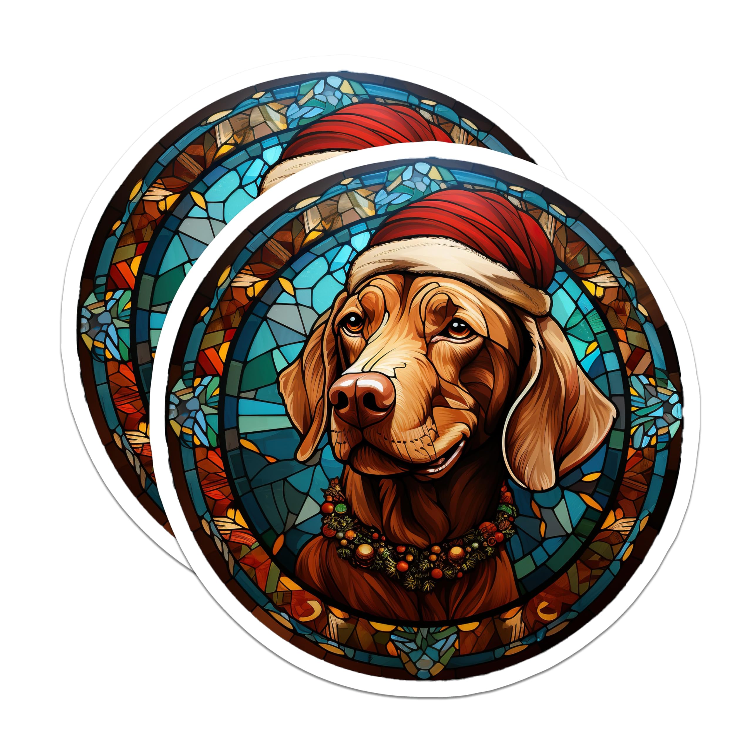 (2 Pack) Vizsla Dog Magnets - Christmas Holiday Dog Lover Decor - Festive Faux Stained Glass Pet Art for Fridge - 5 Inches On Longest Side - Thick Durable Magnet - Made in USA - MAG28544