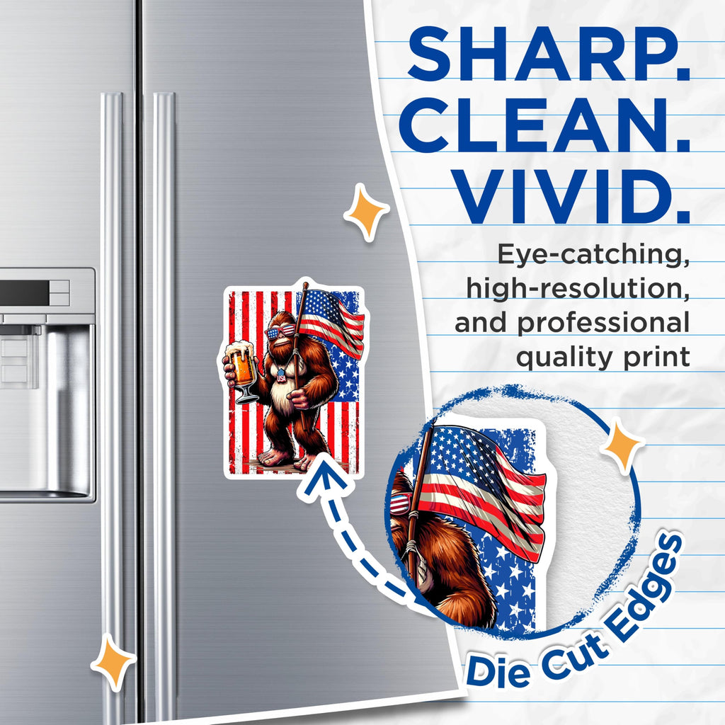 (2 Pack) Bigfoot American Flag Magnets - Patriotic Sasquatch Beer Drinker - Funny USA Refrigerator and Locker Decor - 5 Inches On Longest Side - Thick Durable Magnet - Made in USA - MAG22778