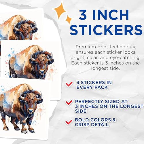 (3 Pack) Watercolor Buffalo Decals - Bison Laptop Decals - Animal Decal Pack - 3 Inches On Longest Side - Easy Peel & Apply - Made in USA - 3MCS7442