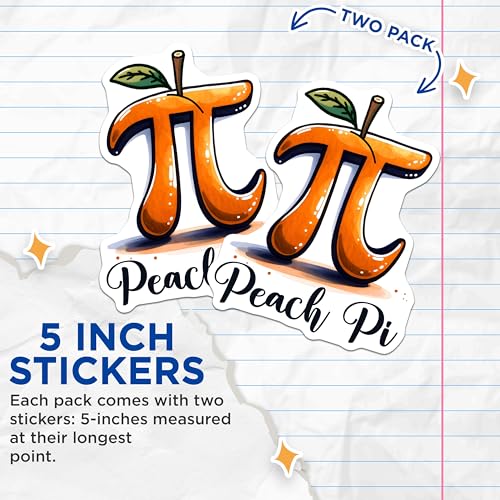 (2 Pack) Peach Pi Stickers - Math Themed - Funny Food Pun for Laptops Drinkware and Notebooks - 5" On Longest Side - Sticks to Smooth Flat Surfaces - Made in USA - BMCS8159